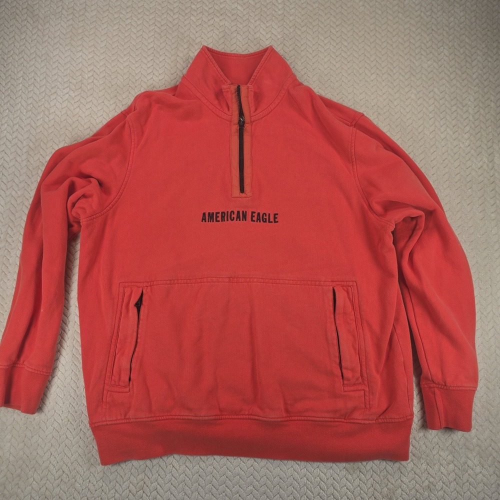 American Eagle Mens XL Quarter Zip Sweatshirt Red Orange Logo Pullover Pocket